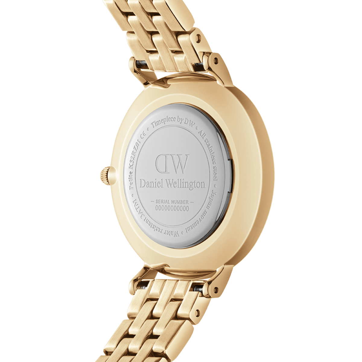 Back view of Petite 5-Link Evergold women’s watch showing engraved caseback and gold five-link stainless steel bracelet.