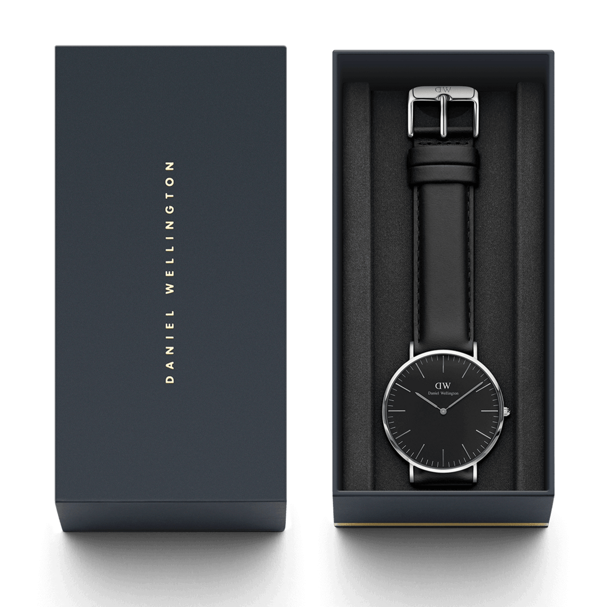 Classic Sheffield Black Silver watch with a black leather strap presented in an elegant Daniel Wellington gift box.