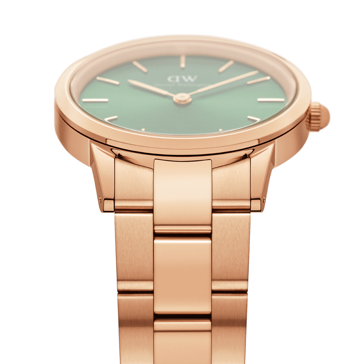Close-up of the Iconic Link Emerald Green Rose Gold watch, highlighting the polished rose gold link bracelet and the sleek emerald green dial.