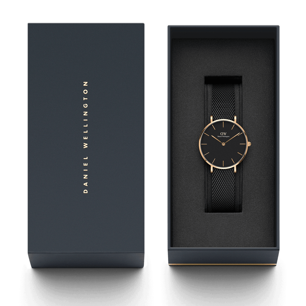 Petite Ashfield women's watch with a matte black dial, rose gold case, and black mesh strap, elegantly presented in a Daniel Wellington gift box.