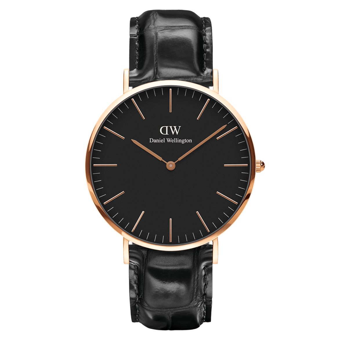 Classic Reading Black Rose Gold watch featuring a black croc-embossed leather strap, a slim rose gold case, and a minimalist black dial with rose gold markers and hands.
