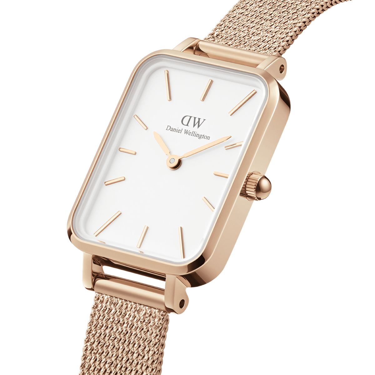 Quadro Pressed Melrose watch featuring a rectangular eggshell white dial, minimalist rose gold hour markers, and a pressed rose gold mesh strap.