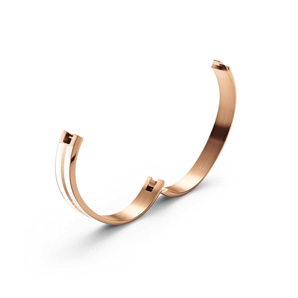 Open Emalie Infinite Rose Gold Satin White bangle showing the satin white enamel inlay and integrated clasp mechanism.