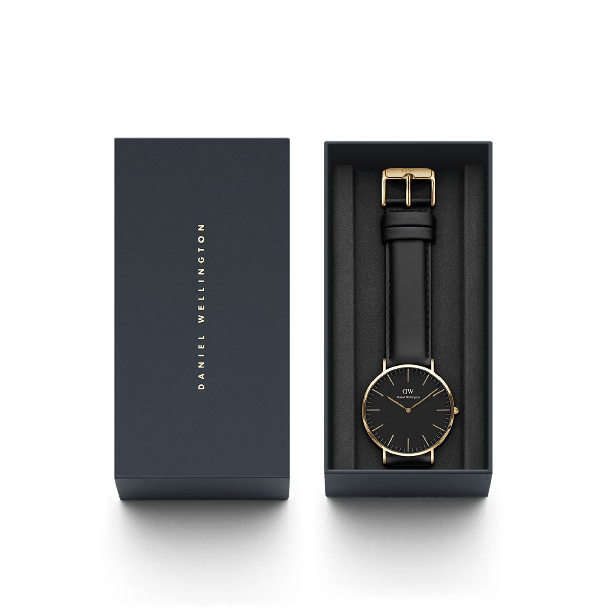 Classic Sheffield watch with a black dial and gold-plated case, presented in a dark Daniel Wellington gift box.