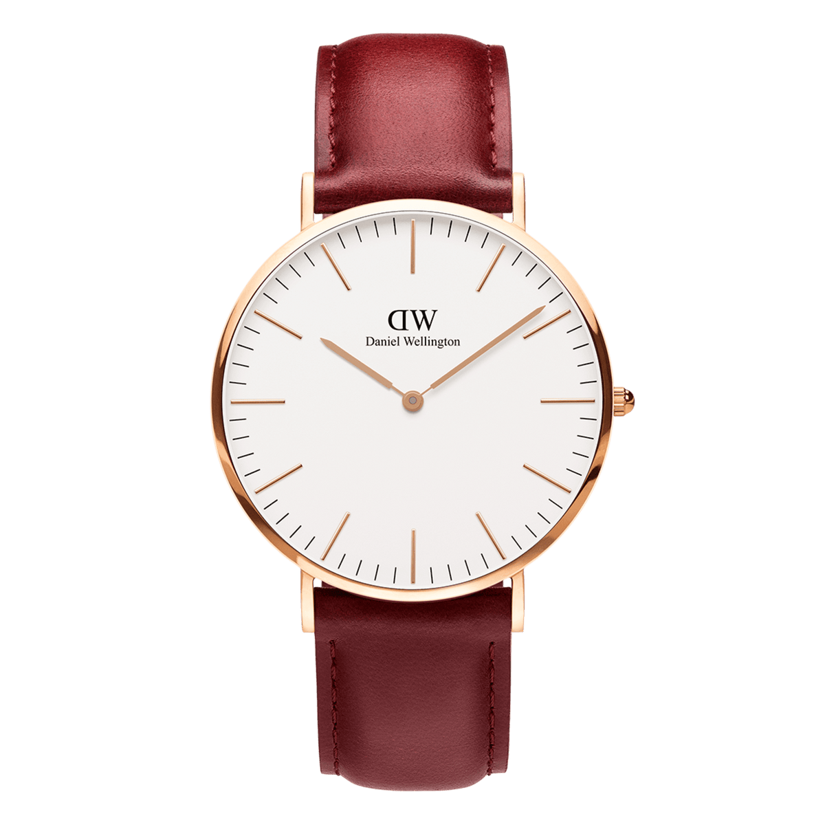 Classic Suffolk watch featuring a minimalist eggshell white dial, rose gold case, and a rich burgundy genuine leather strap.
