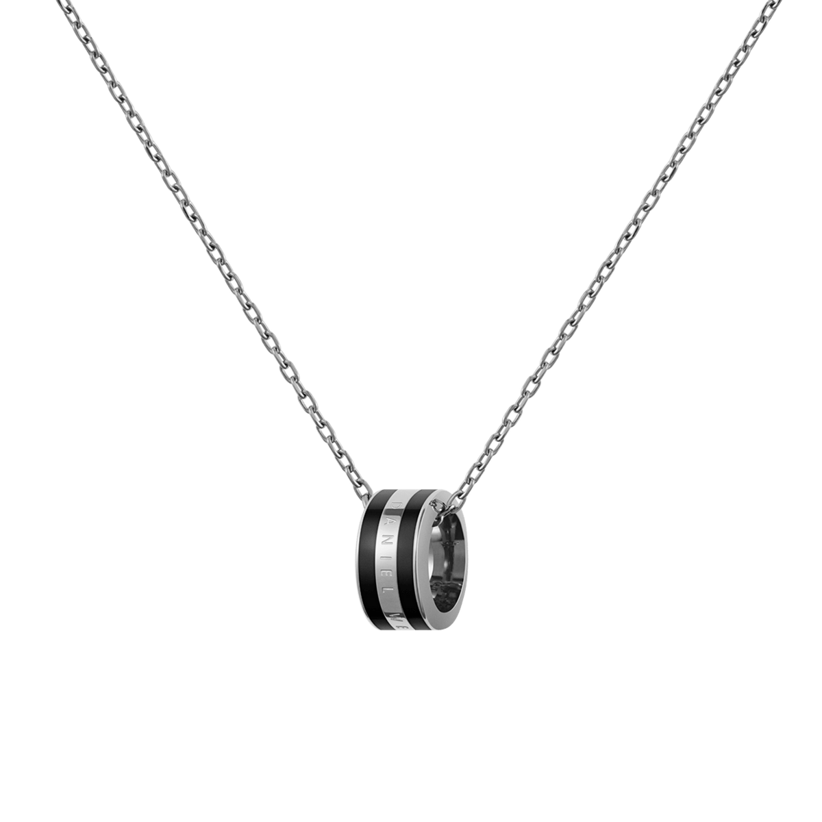 Silver necklace featuring a delicate chain and a polished ring pendant with black enamel detailing.