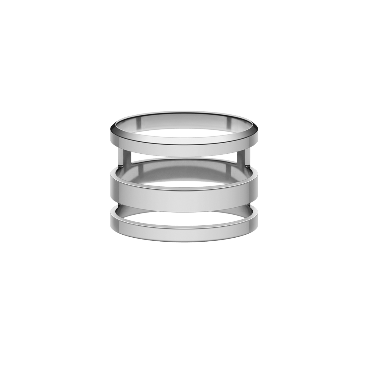 Contemporary silver ring with a three-band open structure, crafted from polished stainless steel for a sleek, modern look.