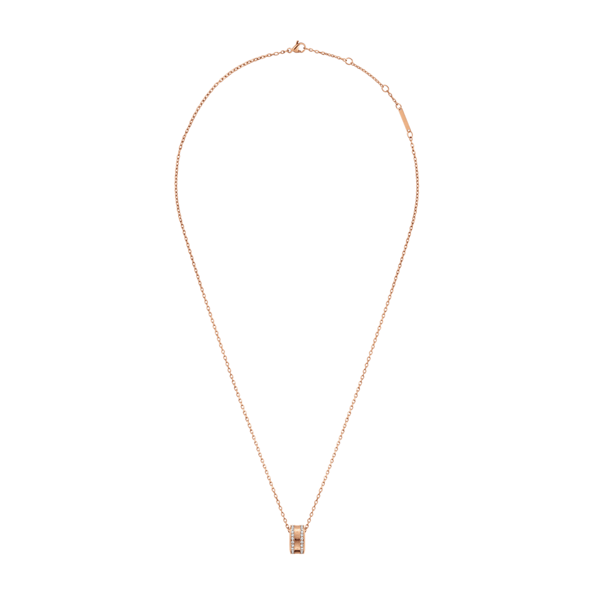 Rose gold Elan Lumine Necklace with an adjustable cable chain and a barrel pendant set with sparkling crystals.