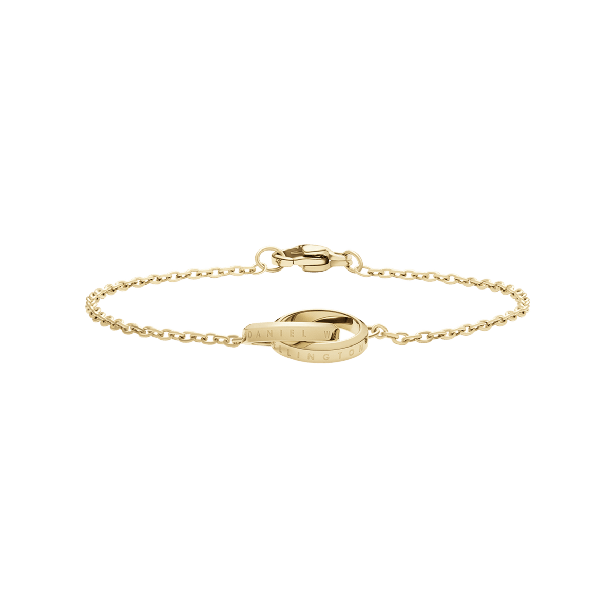 Gold Elan Unity Bracelet with two polished interlocking rings on a slim, adjustable chain and subtle engraved branding.