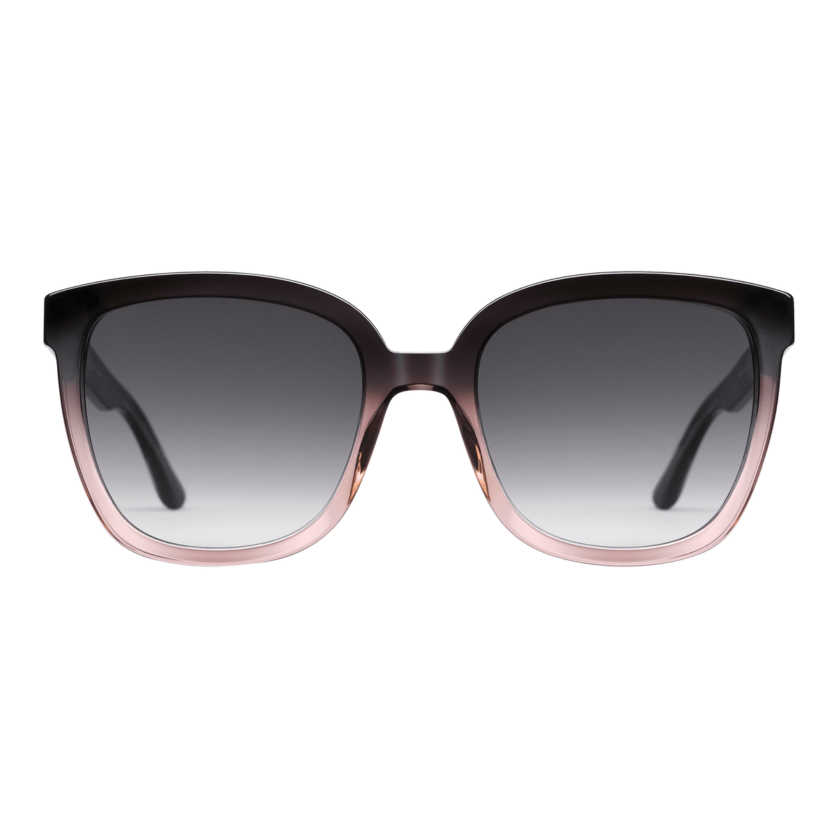 Oversized square sunglasses featuring a blue and black bio-acetate frame with a subtle coral gradient and black gradient lenses.