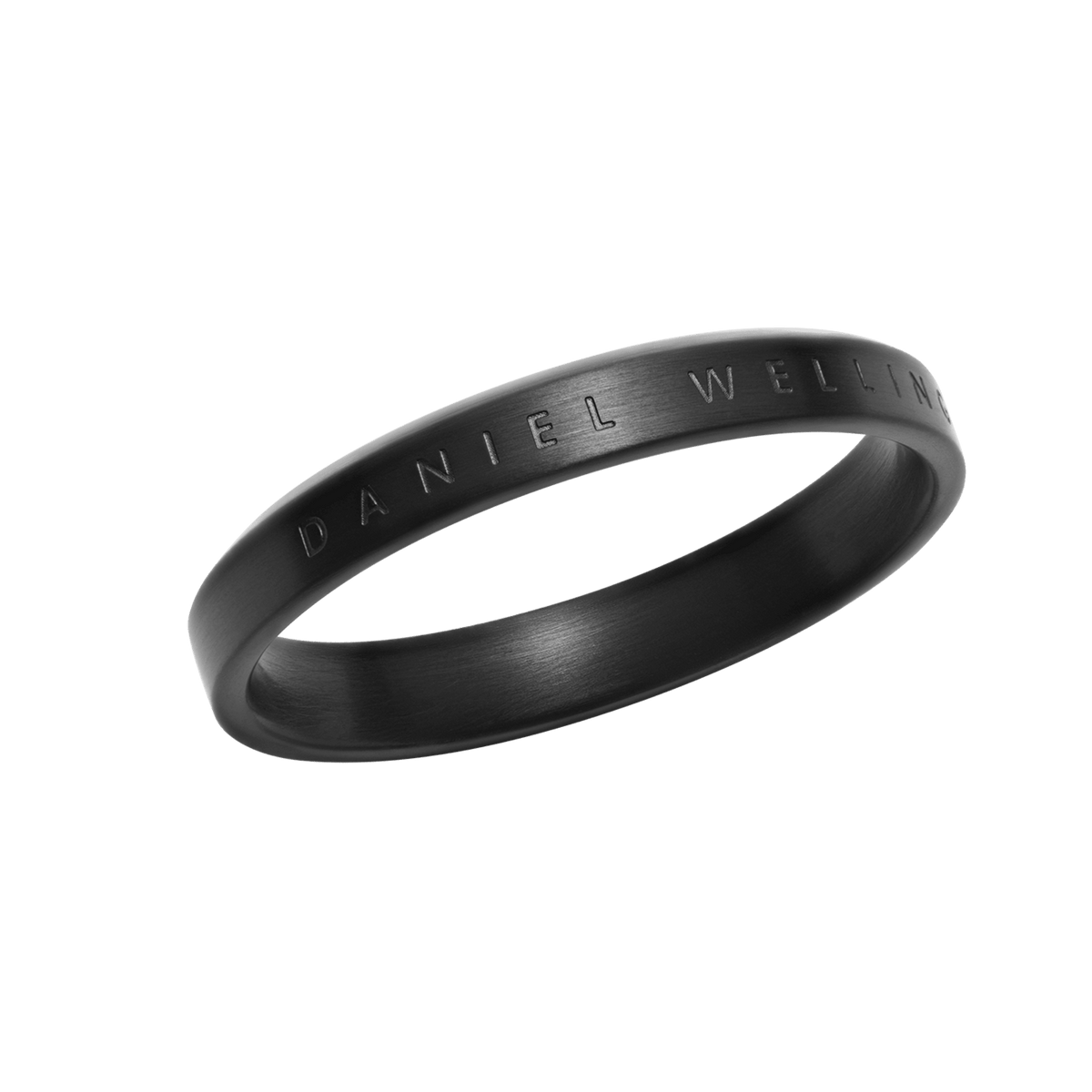 Matte black stainless steel ring with engraved Daniel Wellington logo and a minimalist, unisex design.