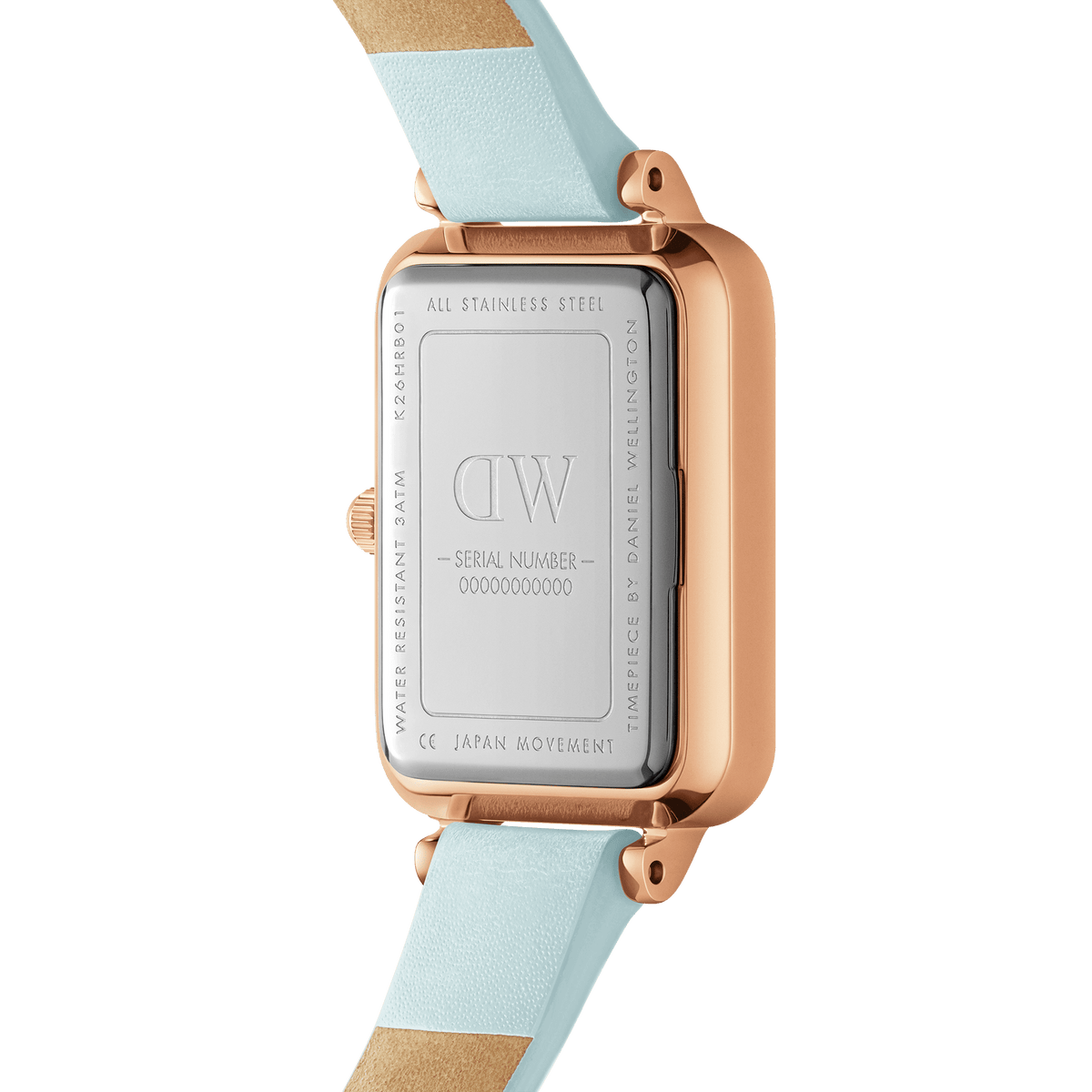 Close-up of the Quadro Bluebell Rose Gold watch showing the engraved stainless steel case back and pastel blue Italian leather strap.