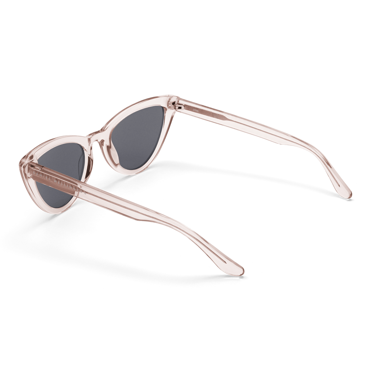 Lynx Bio-Acetate Clear Pink/Black sunglasses with a transparent pastel pink cat eye frame and black lenses, shown from the back to highlight the slim arms and modern styling.