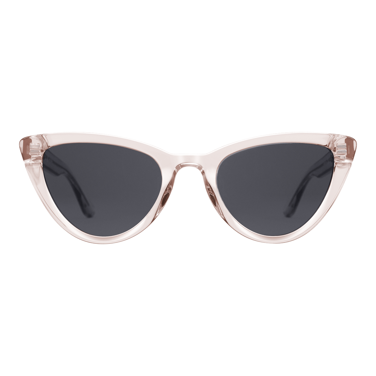 Cat eye sunglasses with a clear pastel pink bio-acetate frame and sleek black lenses, offering a modern yet retro-inspired look.