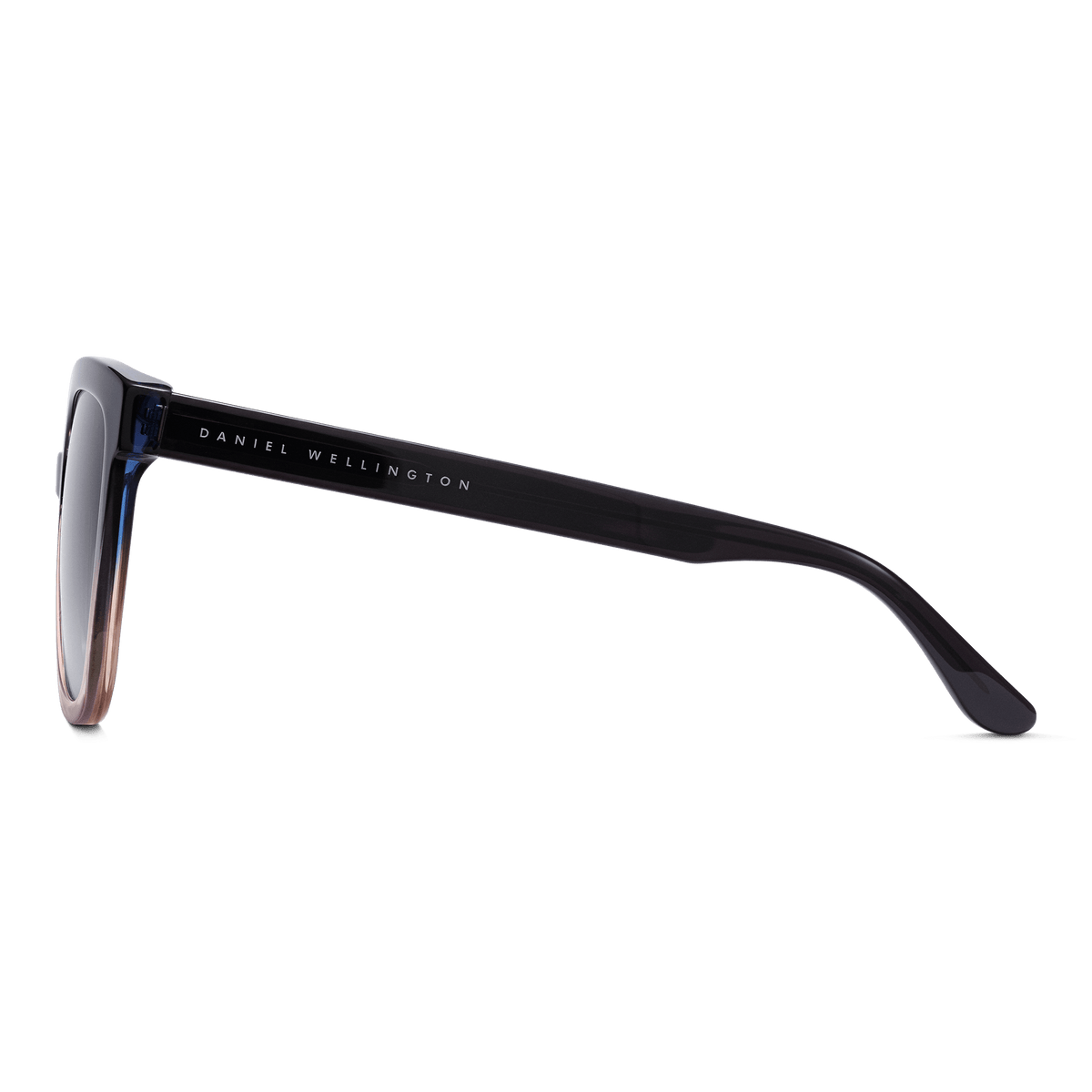 Side view of the Grande Bio-Acetate Blue Coral Blue sunglasses showing the Daniel Wellington logo on the sleek black and blue gradient arm.