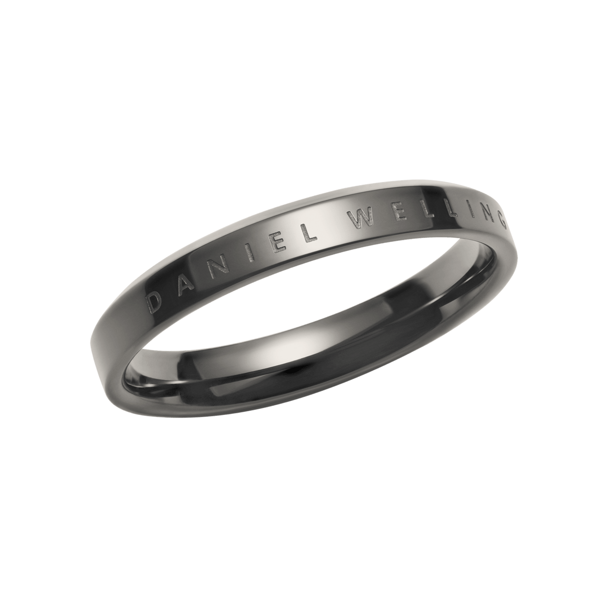 Polished graphite stainless steel ring with a slim profile and Daniel Wellington engraved around the band.