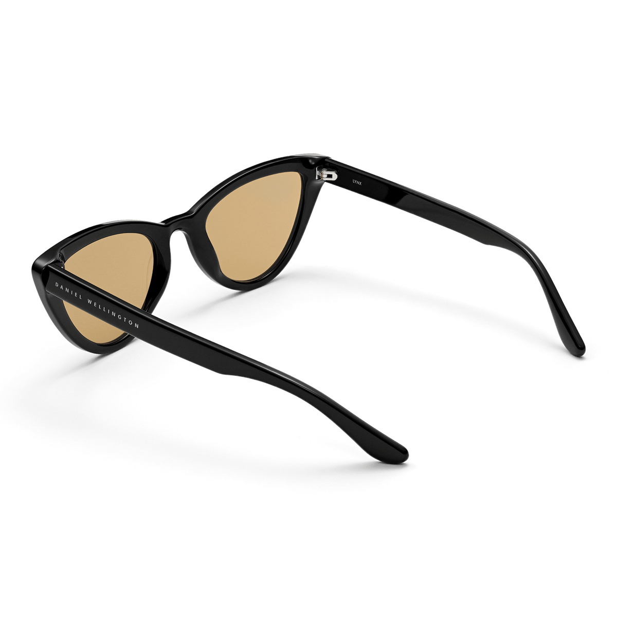 Lynx Bio-Acetate Black / Yellow sunglasses with cat eye frames, yellow nylon lenses, and Daniel Wellington branding on the sleek black arms, shown from a rear angle.