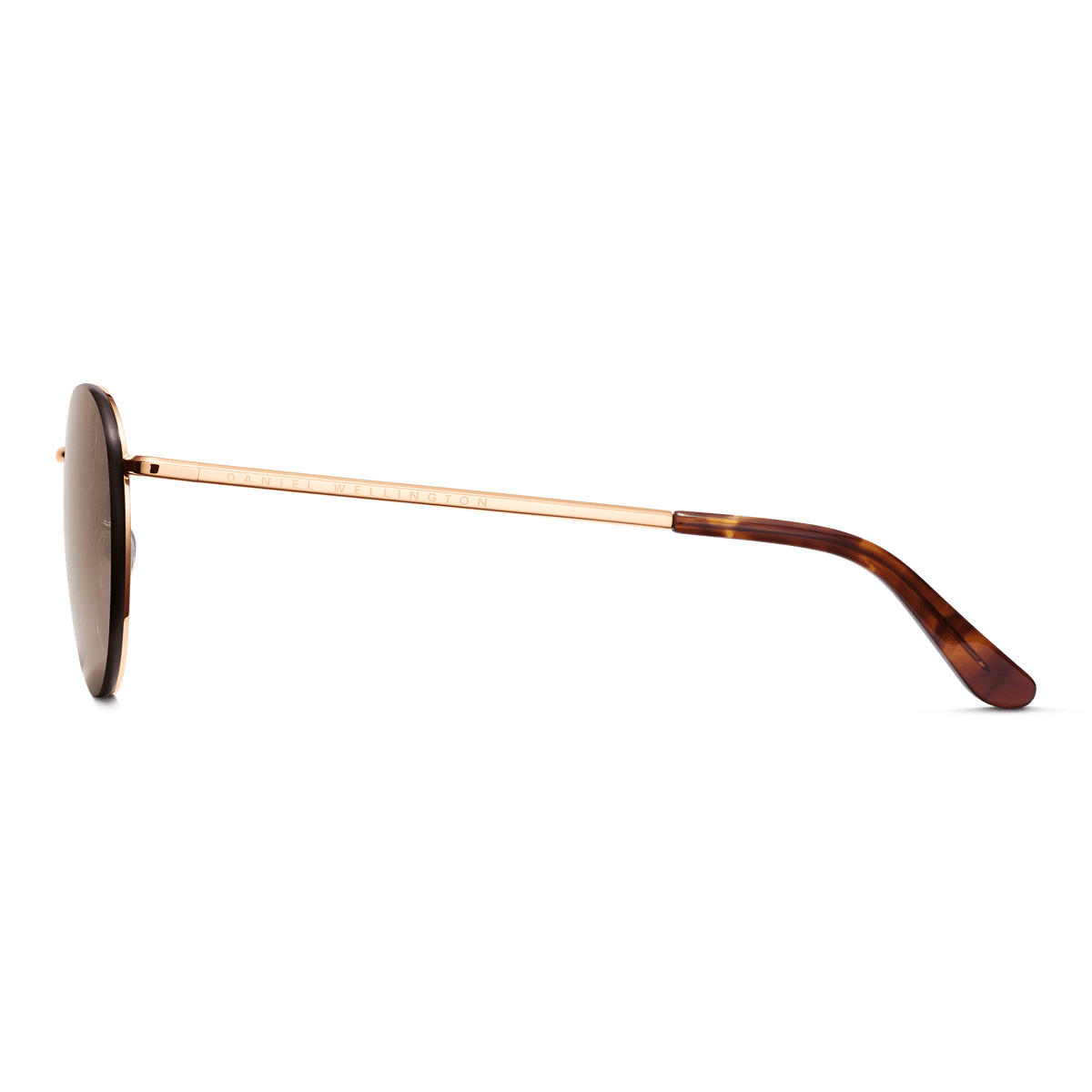 Side view of Arch Steel Brown Rose Gold sunglasses showing the slim rose gold stainless steel arm with Daniel Wellington branding and a tortoiseshell acetate temple tip.