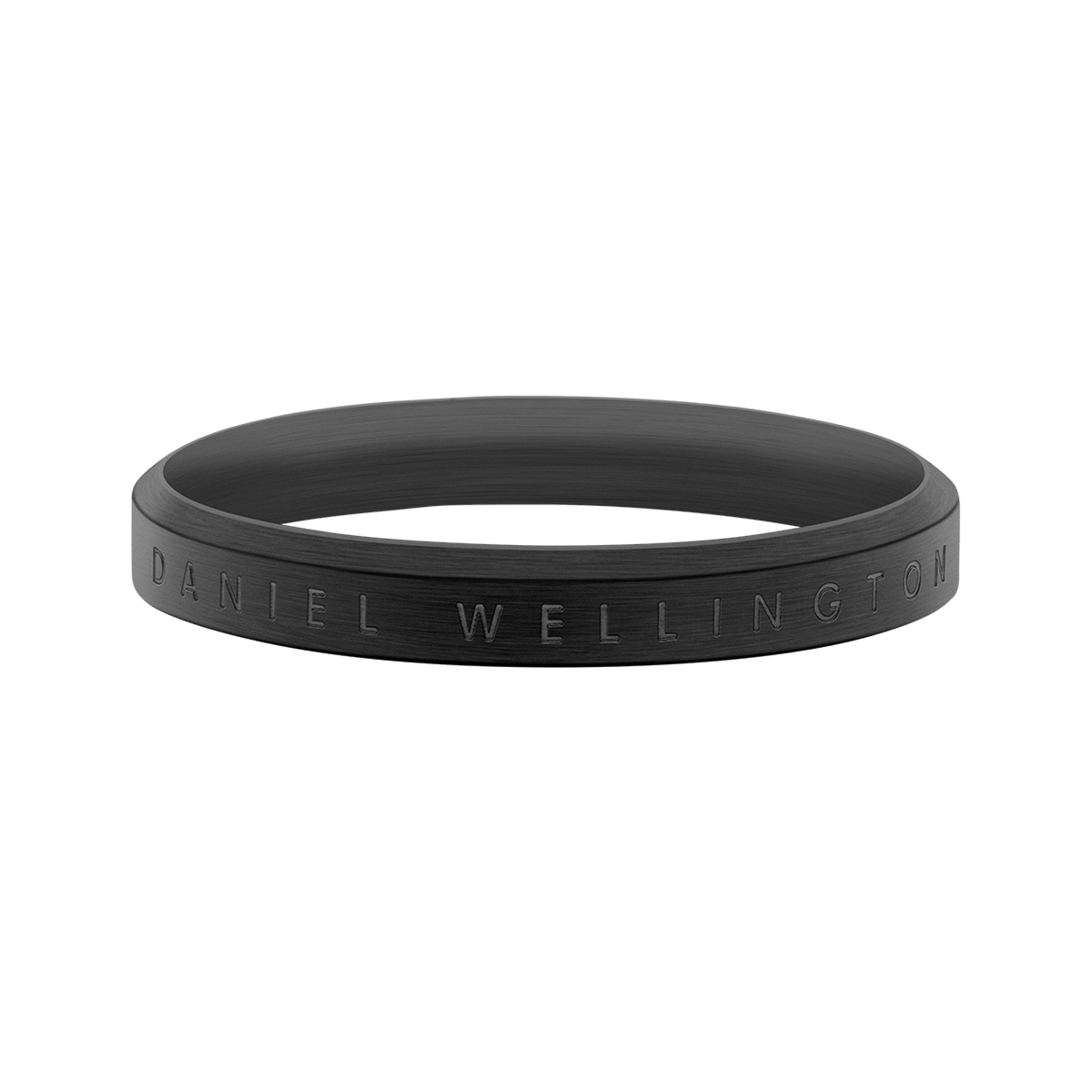Unisex matte black stainless steel ring featuring subtle engraved Daniel Wellington branding and a slim, minimalist profile.