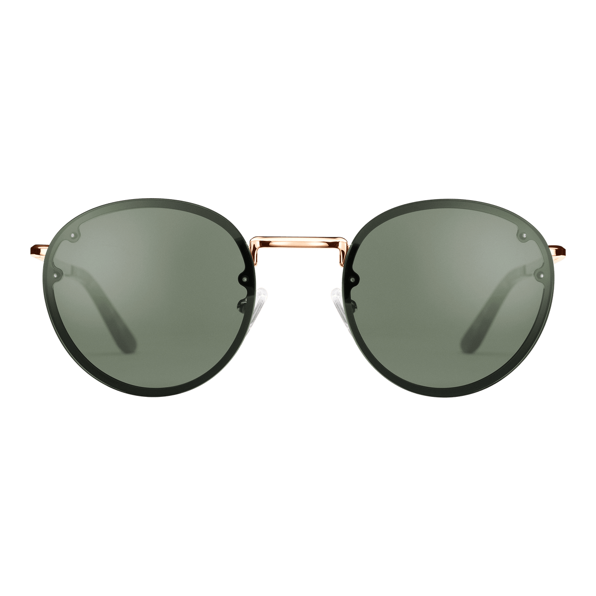 Round sunglasses with deep green nylon lenses, a slim rose gold stainless steel frame, and minimalist detailing from Daniel Wellington.