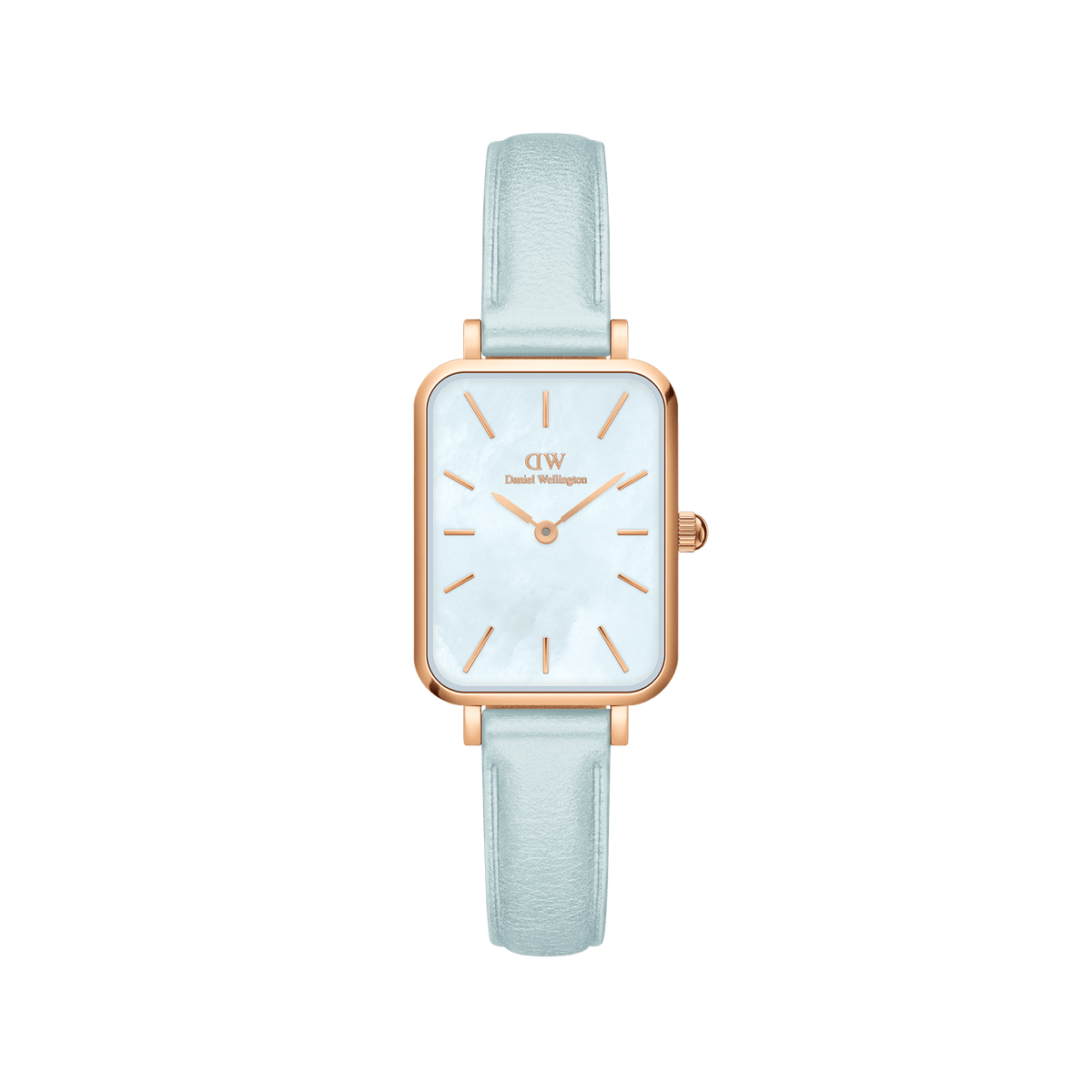 Rectangular rose gold women’s watch with a blue mother of pearl dial and pastel blue Italian leather strap.
