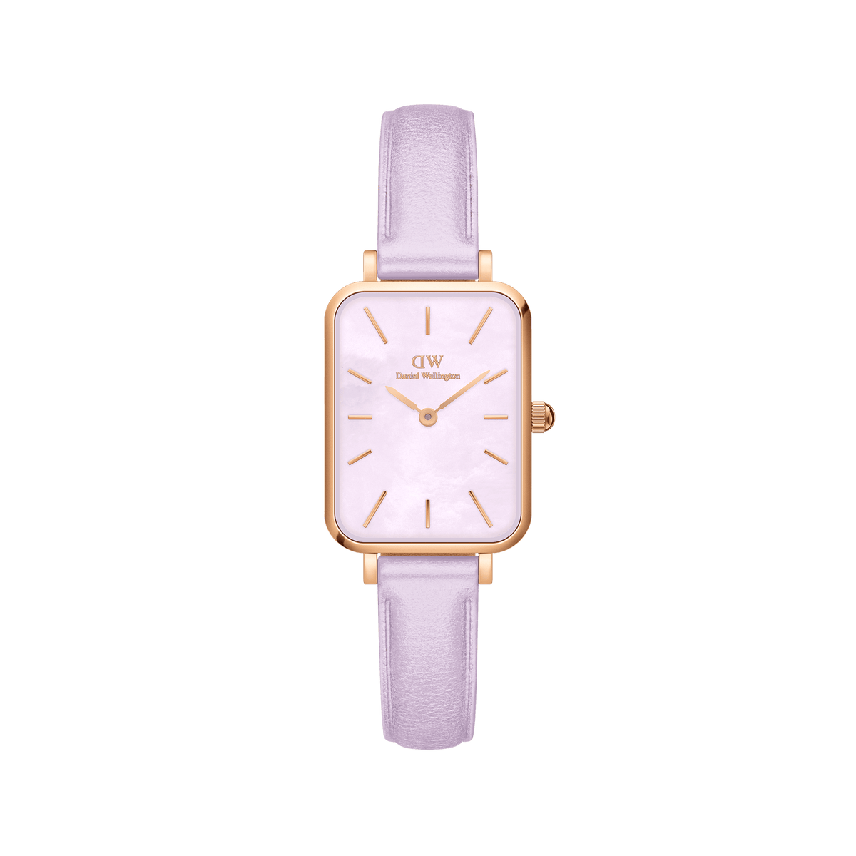 Rectangular rose gold women’s watch with a lavender mother of pearl dial and a pastel purple Italian leather strap.