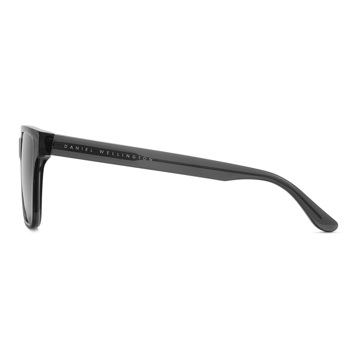 Side view of the Rectangular Bio-Acetate Grey sunglasses showing the transparent grey frame and Daniel Wellington branding along the arm.