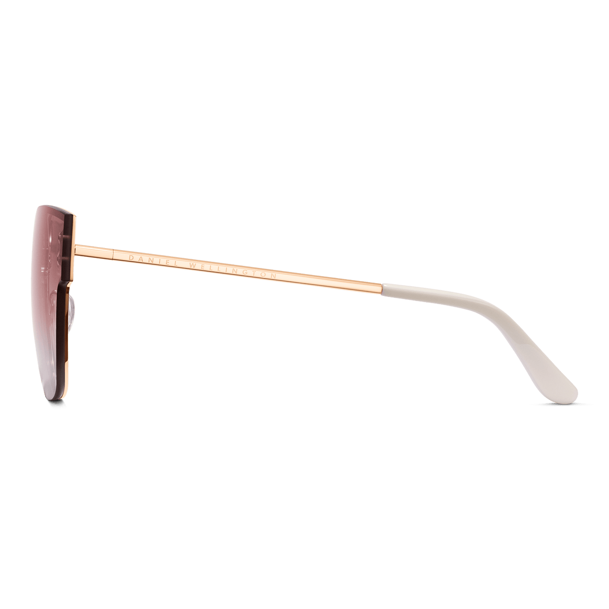 Side view of Grande Steel Pink Gradient Rose Gold sunglasses showing the slim rose gold stainless steel arm with subtle Daniel Wellington branding and white acetate temple tip.