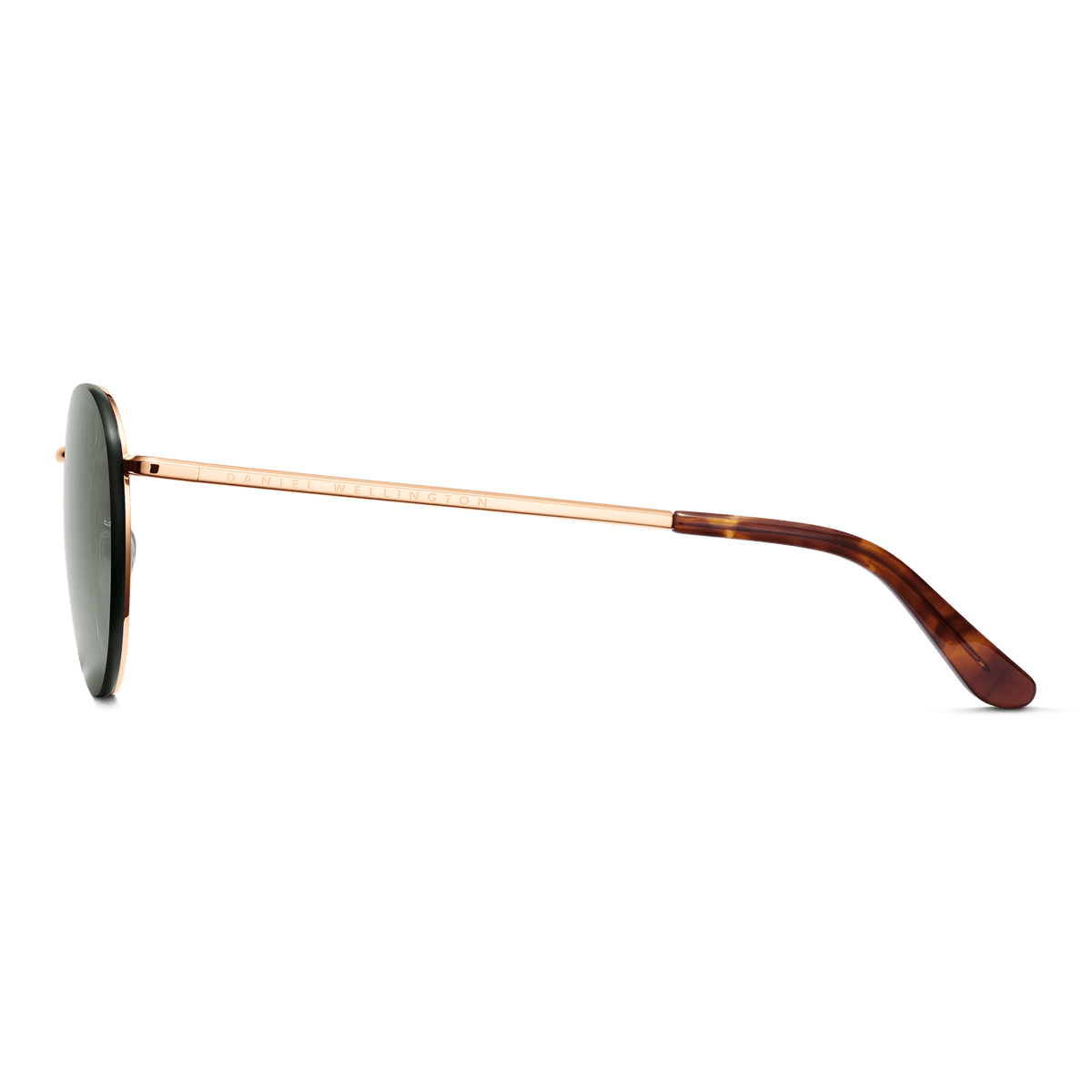 Side view of the Arch Steel Green Rose Gold sunglasses showing the slim rose gold arm with Daniel Wellington branding and a tortoiseshell-inspired temple tip.