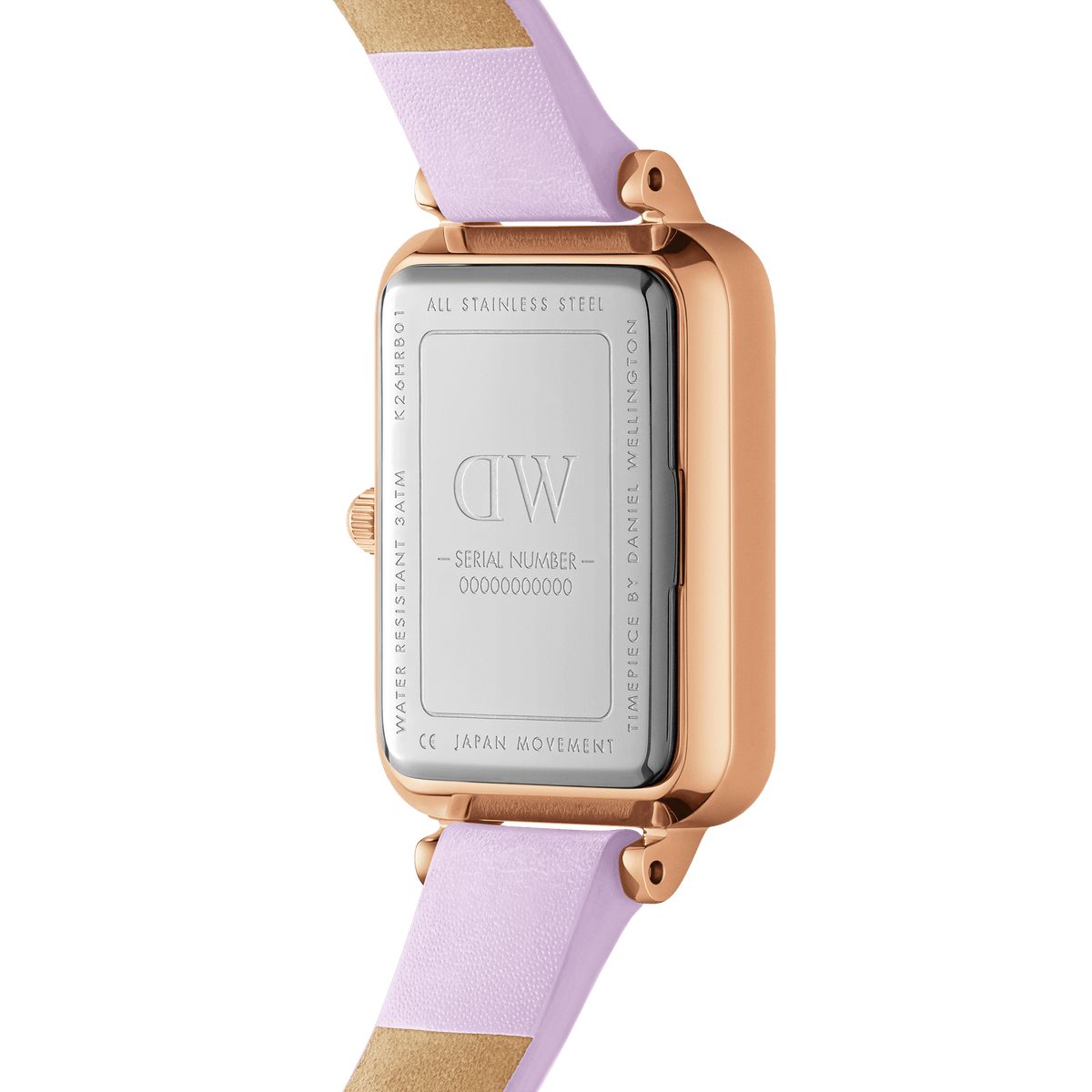 Back view of the Quadro Lavender women’s watch showing the engraved stainless steel case, rose gold detailing, and pastel purple Italian leather strap.