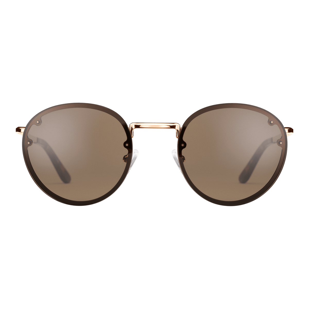 Round rose gold sunglasses with a minimalist stainless steel frame and brown nylon lenses, featuring adjustable nose pads and lightweight arms.