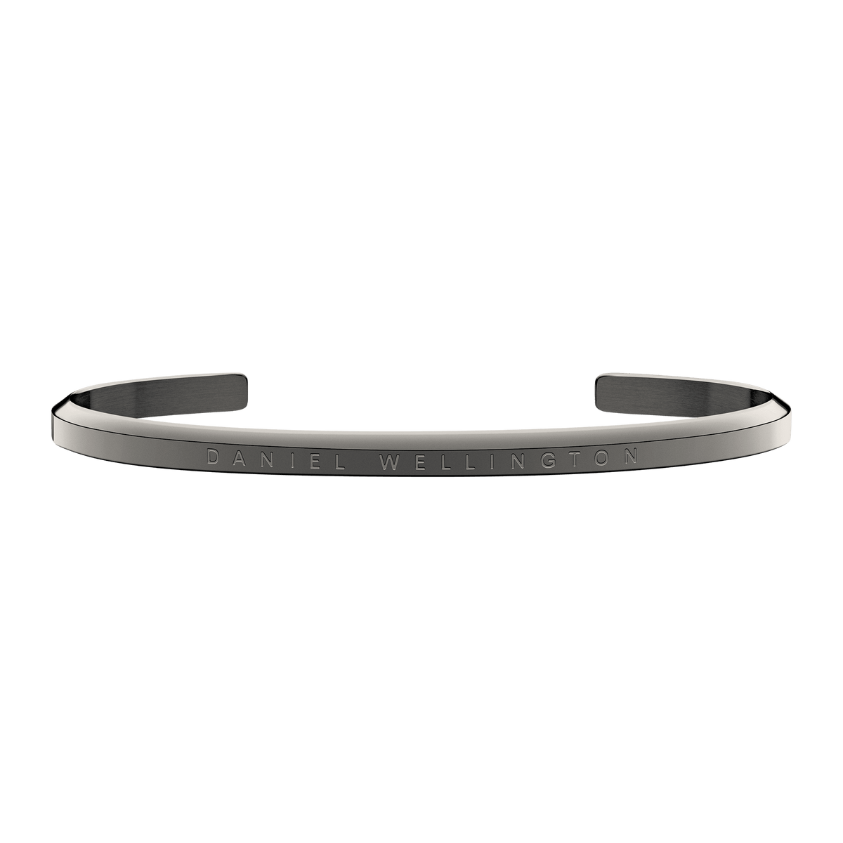Slim graphite Daniel Wellington Classic Bracelet in polished stainless steel with an engraved logo and minimalist open cuff design.