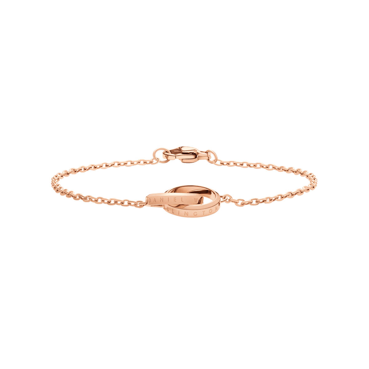 Rose gold Elan Unity Bracelet with two interlocking rings and a fine chain, crafted from stainless steel for a modern, elegant look.