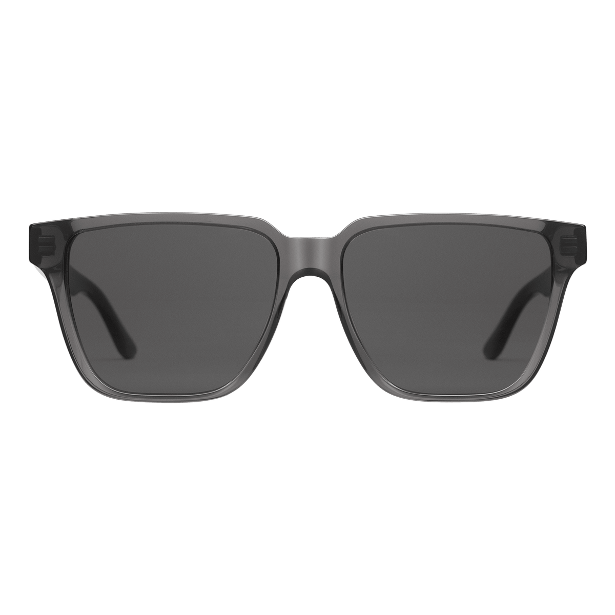 Rectangular sunglasses with a transparent grey bio-acetate frame and dark grey lenses, featuring a modern square silhouette.