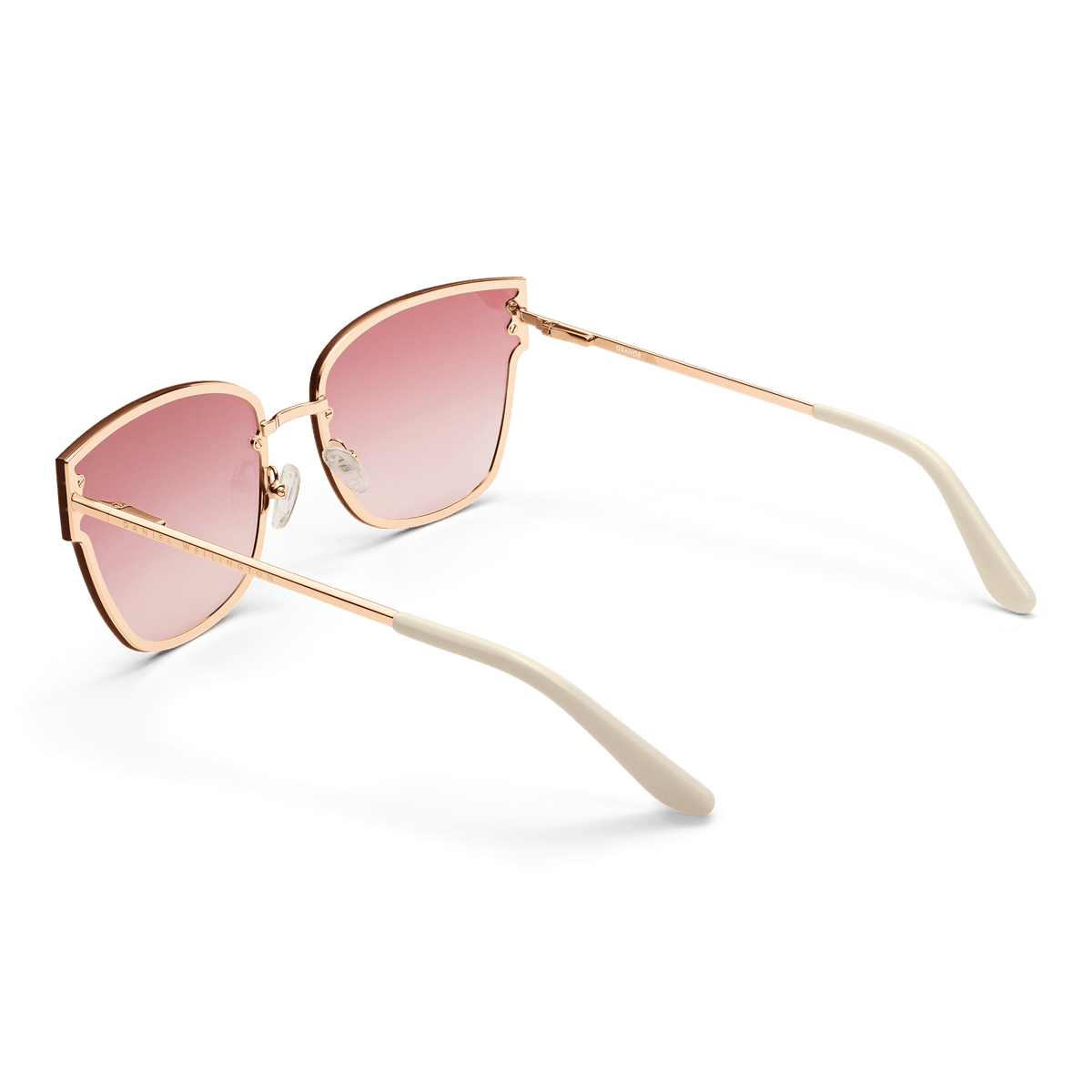 Grande Steel Pink Gradient Rose Gold sunglasses featuring oversized square pink gradient lenses, slim rose gold arms, and white acetate temple tips.