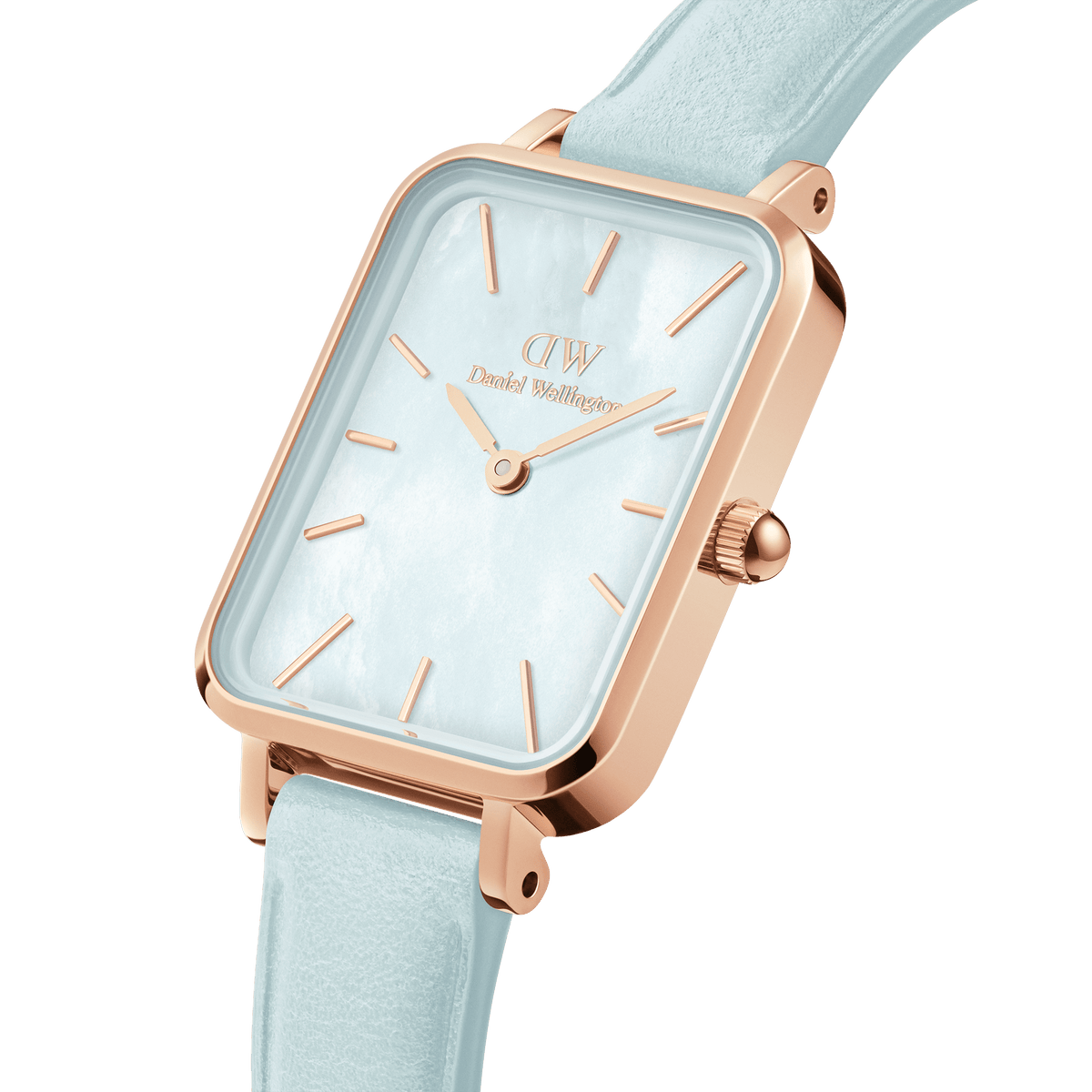 Quadro Bluebell Rose Gold women’s watch featuring a rectangular rose gold case, blue mother of pearl dial, and pastel blue Italian leather strap.