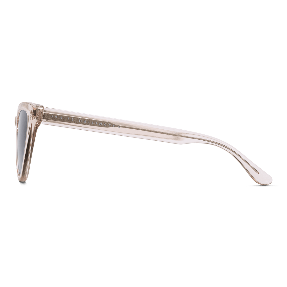Side view of Lynx Bio-Acetate sunglasses showing the transparent pastel pink cat eye frame and subtle Daniel Wellington branding on the arm.