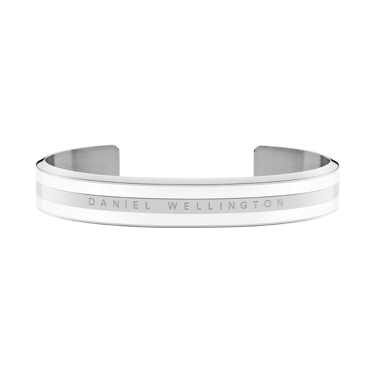 Daniel Wellington Emalie Bracelet in polished silver-tone stainless steel with satin white enamel and subtle engraved branding, shown as a sleek open cuff.