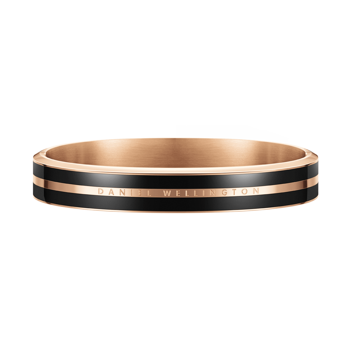 Elegant Daniel Wellington Emalie Infinite bracelet in rose gold with black enamel detailing, featuring a smooth bangle design and subtle engraved branding.
