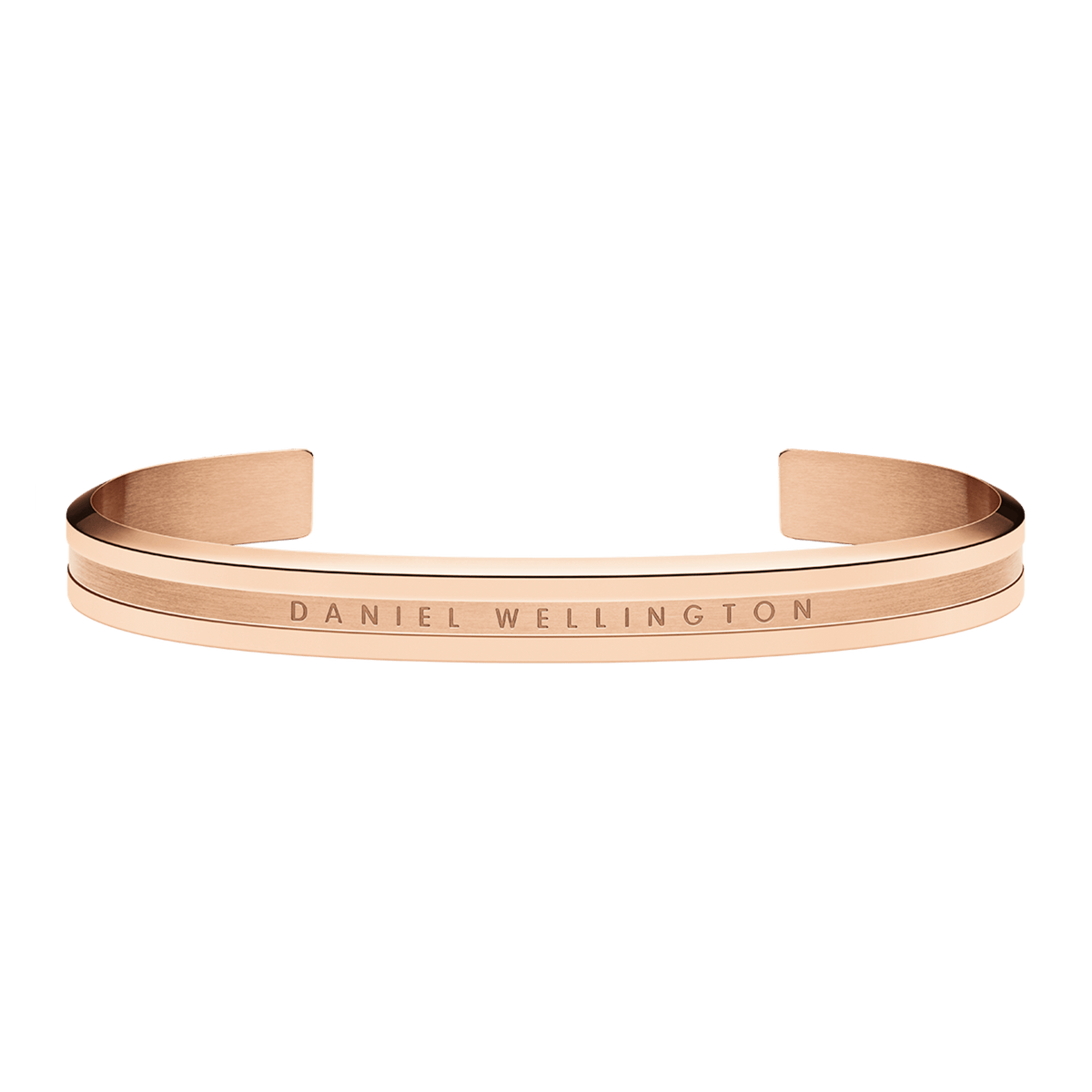 Daniel Wellington Elan Bracelet in rose gold with a slim open cuff design, engraved logo, and smooth polished finish.