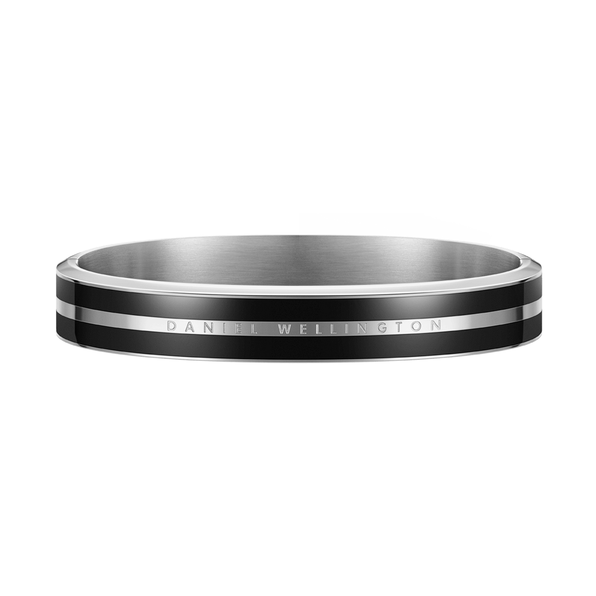 Elegant Daniel Wellington Emalie Infinite Silver Black bangle featuring a polished stainless steel band with twin black enamel stripes and discreet engraved detailing.