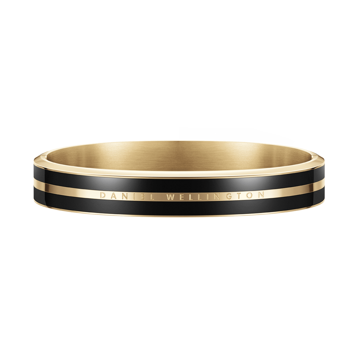 Polished gold and black Daniel Wellington bangle featuring two sleek enamel ribbons and subtle brand engraving, designed with a seamless, modern silhouette.