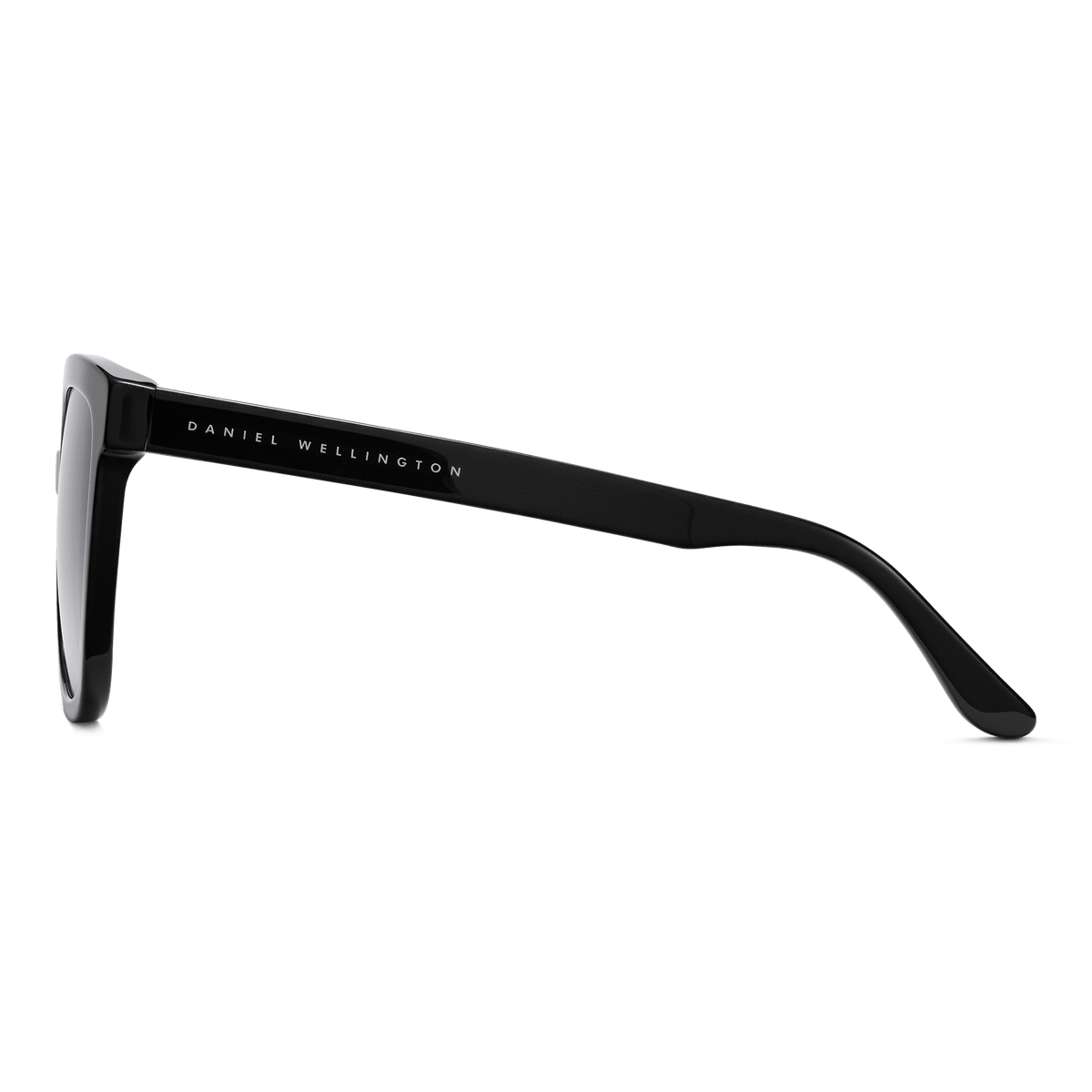Side view of the Grande Bio-Acetate Black Blue sunglasses showing the sleek black bio-acetate arm with Daniel Wellington branding.