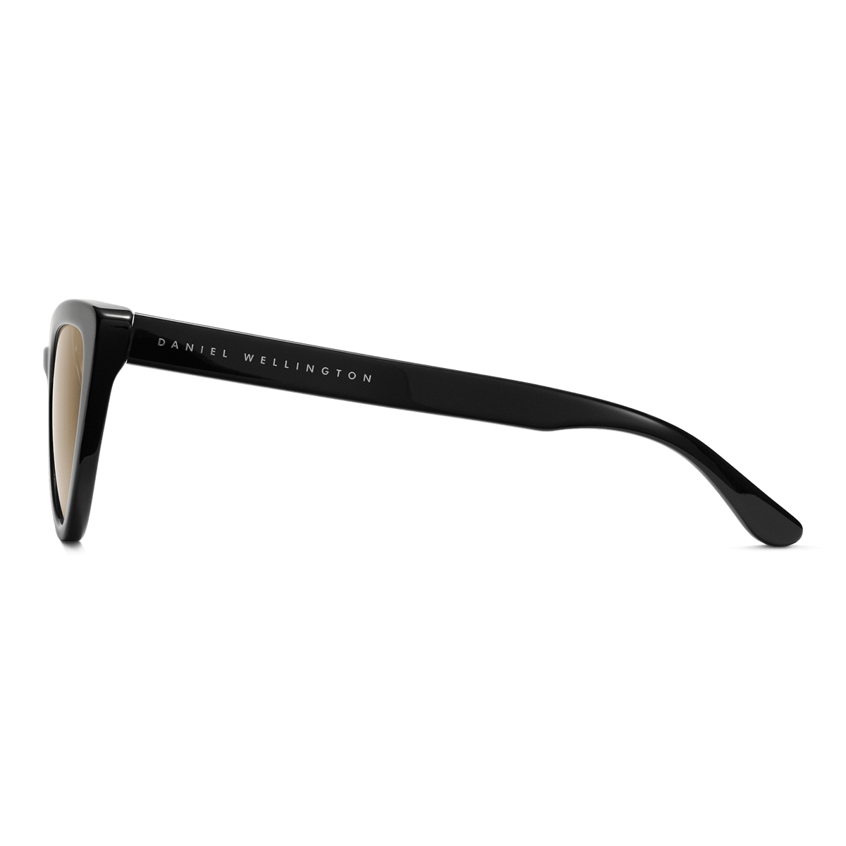 Side view of the Lynx Bio-Acetate Black / Yellow sunglasses showing the glossy black cat eye frame, yellow lens edge, and Daniel Wellington branding along the arm.