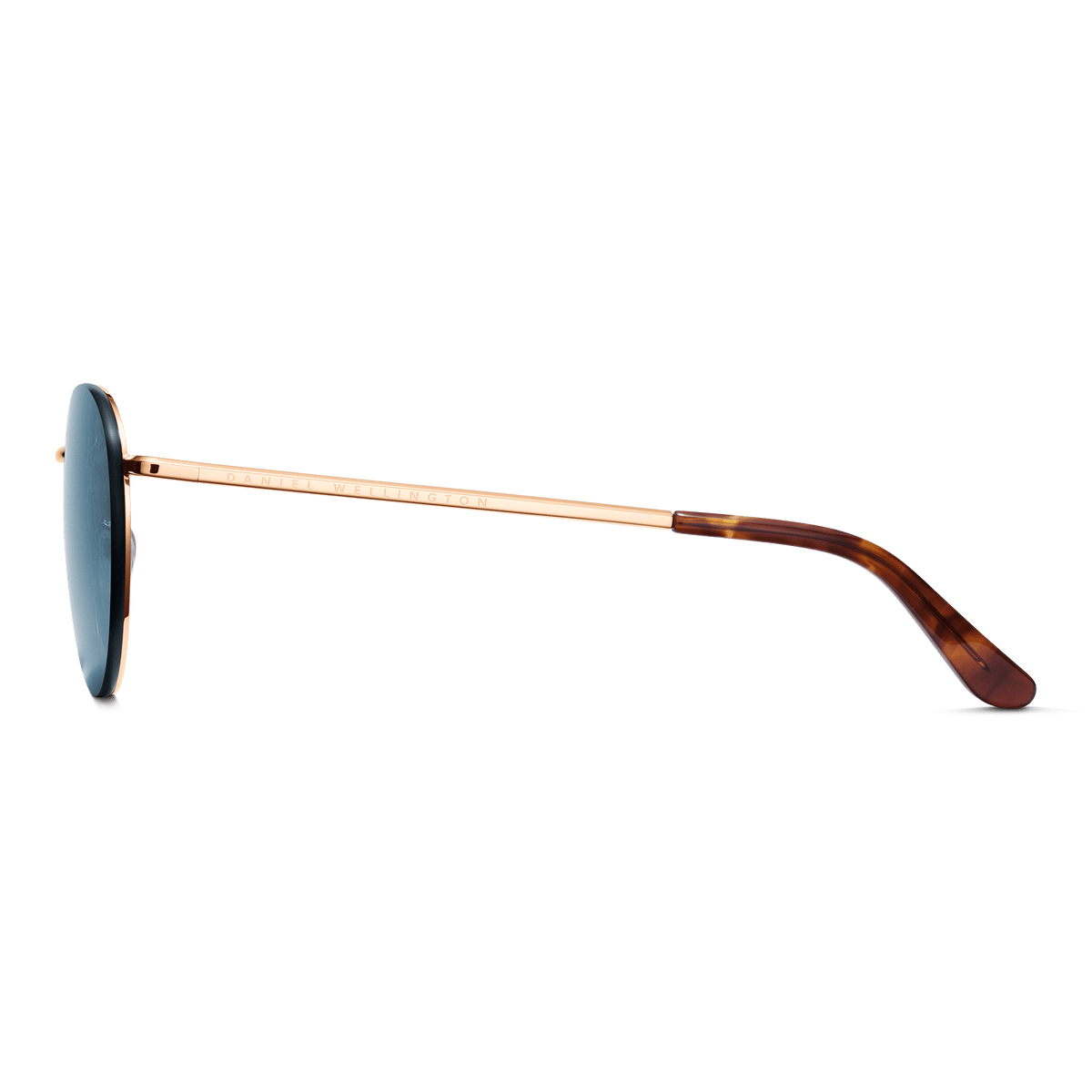 Side view of Arch Steel Blue Rose Gold sunglasses showing the slim rose gold stainless steel arm with Daniel Wellington branding and a tortoiseshell acetate temple tip.