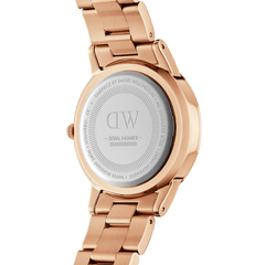 Back view of the Daniel Wellington Iconic Link Amber watch showing the engraved stainless steel caseback and rose gold link bracelet.