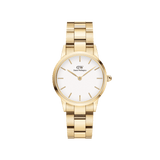 Elegant women’s gold watch with white dial, minimalist gold markers and polished gold link bracelet by Daniel Wellington.