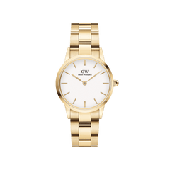 Elegant women’s gold watch with white dial, minimalist gold markers and polished gold link bracelet by Daniel Wellington.