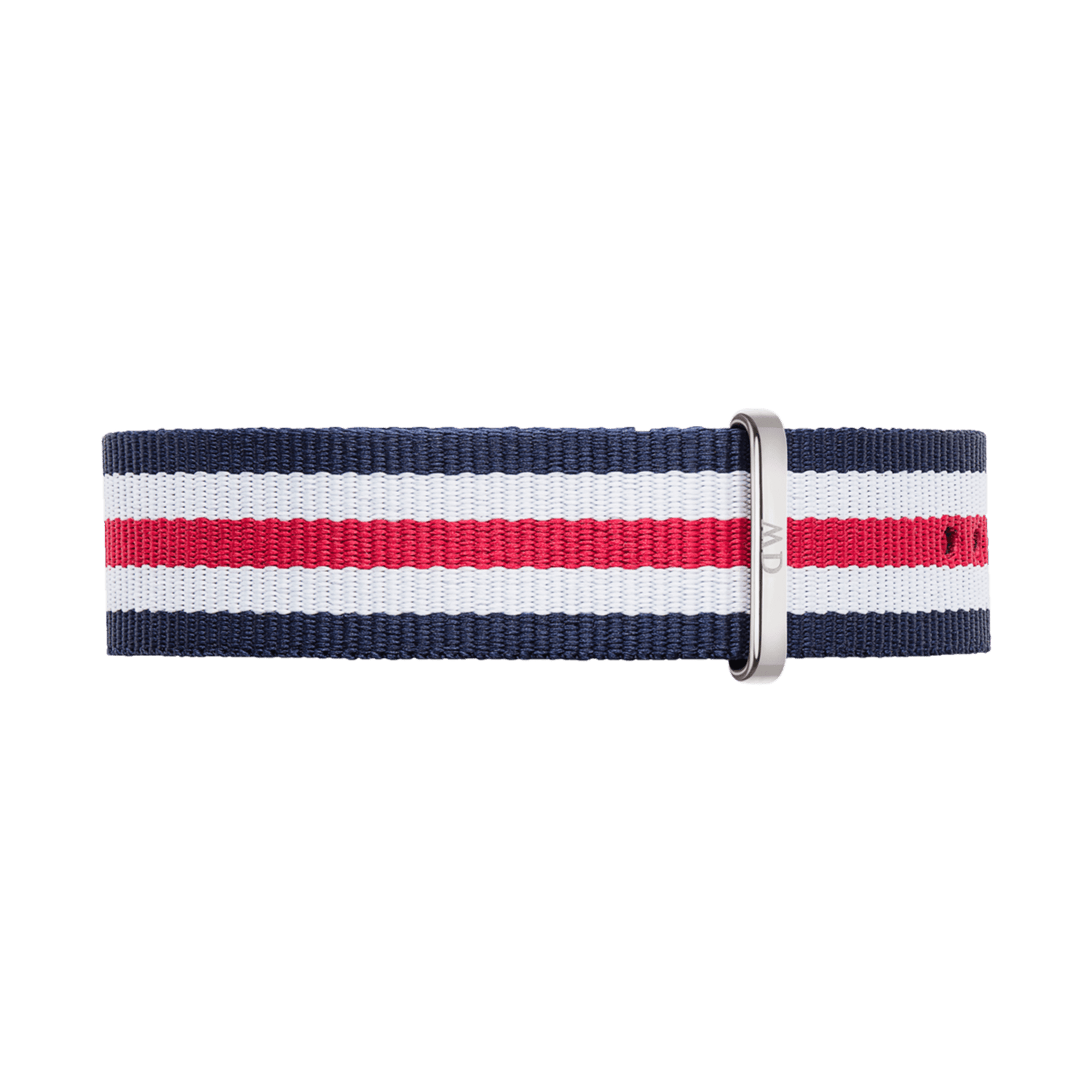 Navy, white, and red striped NATO watch strap with a polished silver buckle, crafted from durable polyester for a comfortable and secure fit. The Canterbury Strap Silver offers a classic, versatile style suitable for both casual and formal watches.