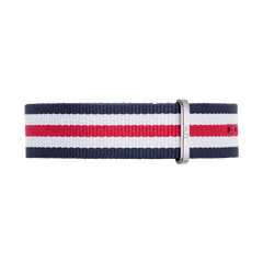 Navy, white, and red striped NATO watch strap with a polished silver buckle, crafted from durable polyester for a comfortable and secure fit. The Canterbury Strap Silver offers a classic, versatile style suitable for both casual and formal watches.